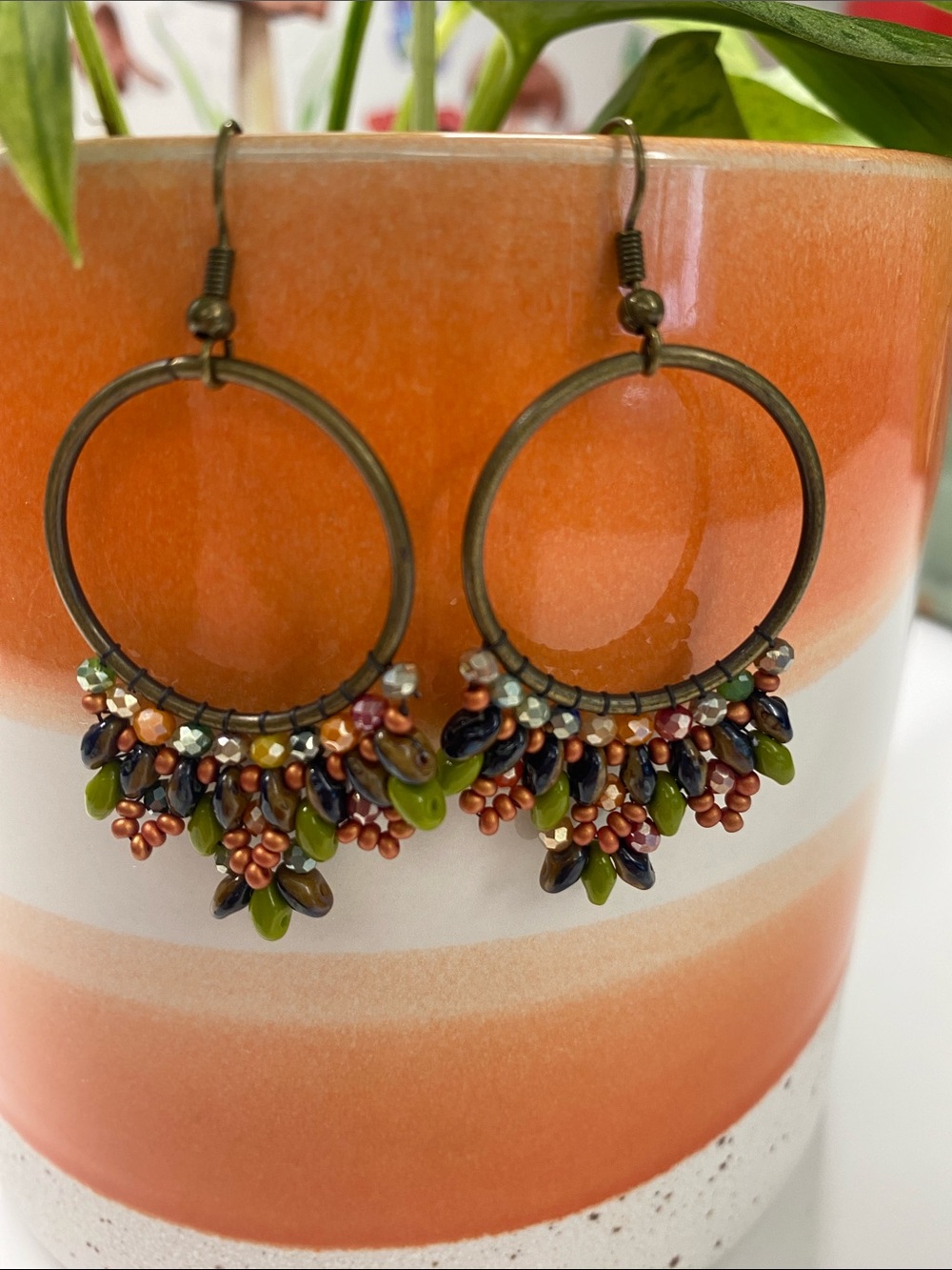 Handcrafted Olive Green & Copper Bead Hoop Earrings for Women